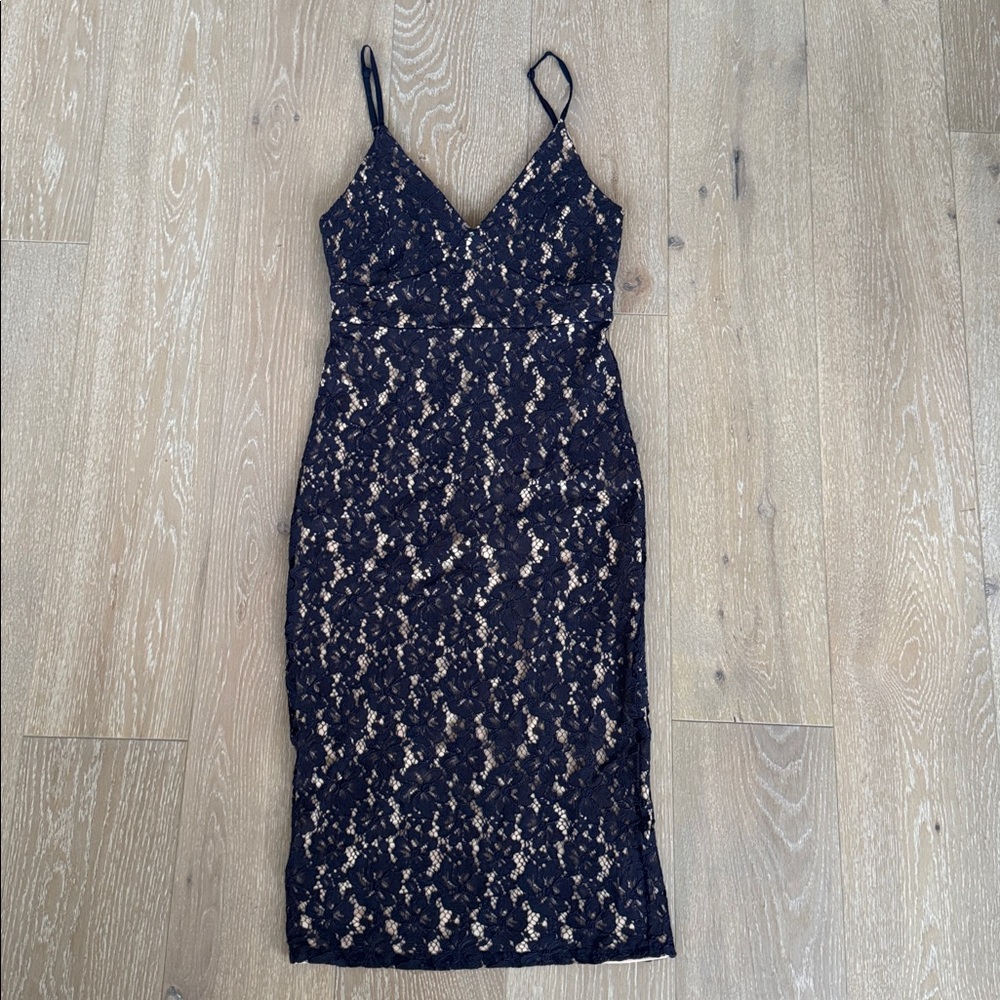AKIRA Tan and Navy Lace Slip Spaghetti Strap Midi Dress